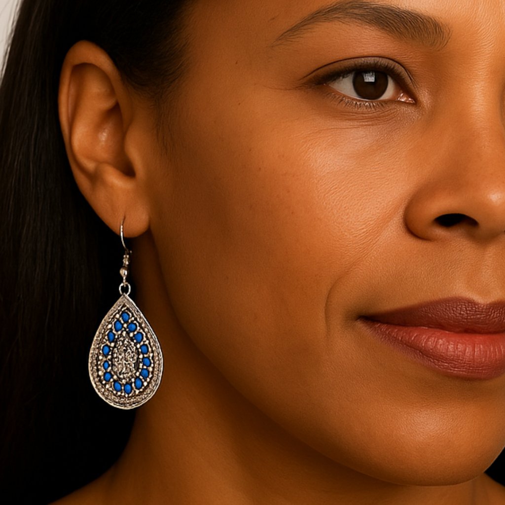 Teardrop Silver Earrings With Blue Rhinestone Accents Statement Jewelry